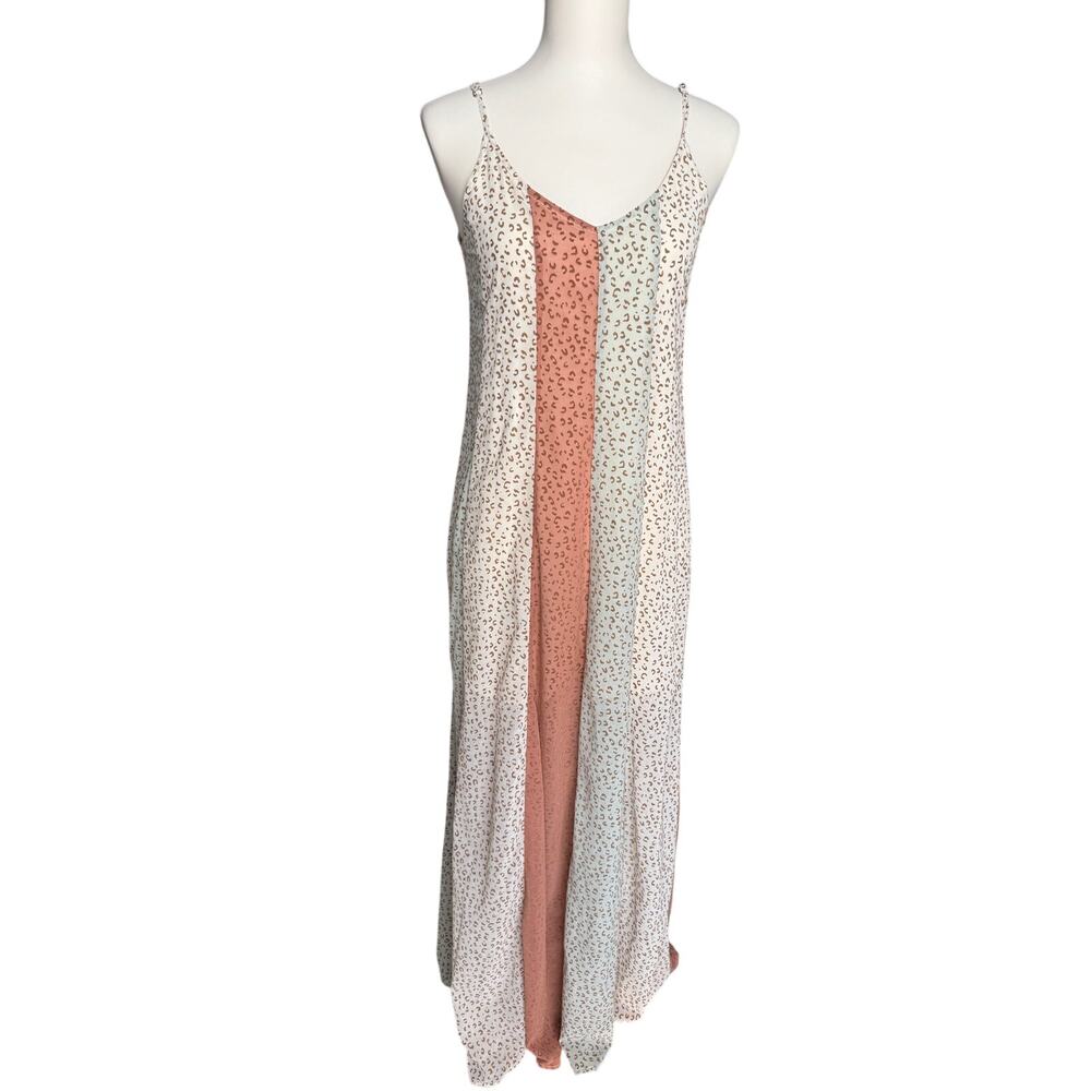 Entro Leopard Print Colorblock Maxi Dress Small Boho Slip Dress Neutral
